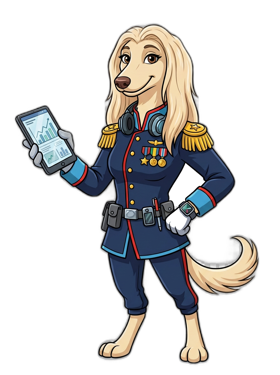 General Gidget - Swag4Brands gadget guru, an elegant Saluki in a military general uniform holding a tablet with tech gadgets