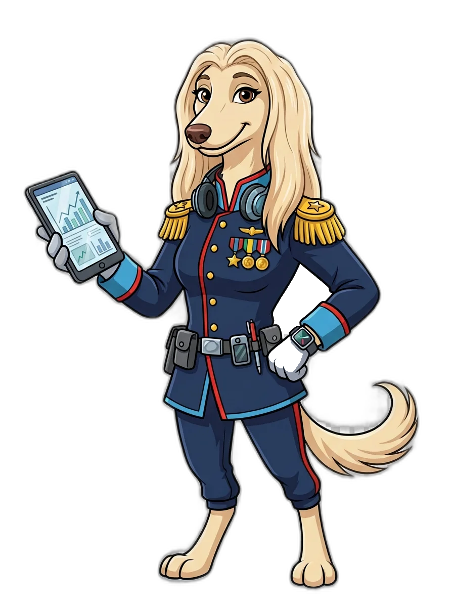 General Gidget™ - Swag4Brands AI-powered promotional product idea generator mascot, an elegant Saluki in military general uniform