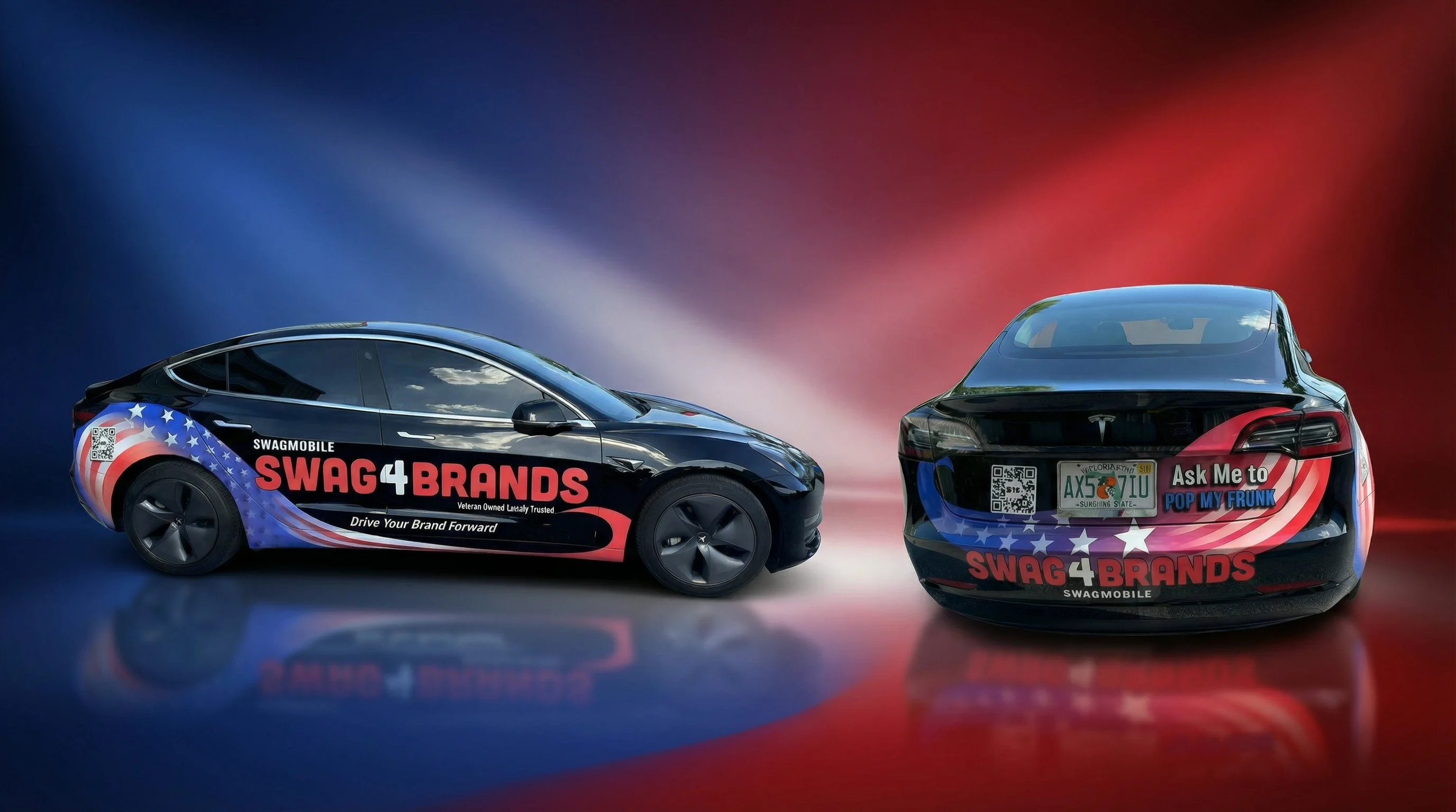 The SwagMobile™ — Swag4Brands custom patriotic Tesla wrap, side and rear view showing American flag design, veteran-owned branding, and Ask Me to Pop My Frunk message